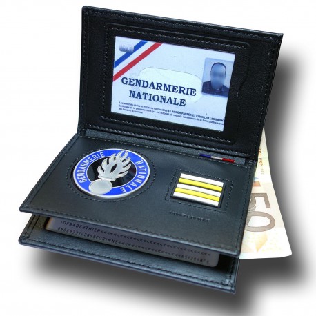 Porte-carte Gendarmerie 3 volets avec médaille et grade,cuir véritable